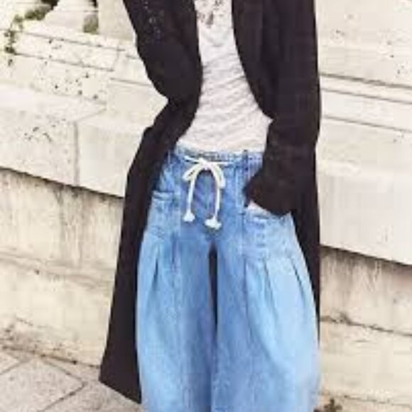Free People Margo Barrel Pull On Jeans We The Free Rope Tie Bergamot Blue Size L - Picture 1 of 10